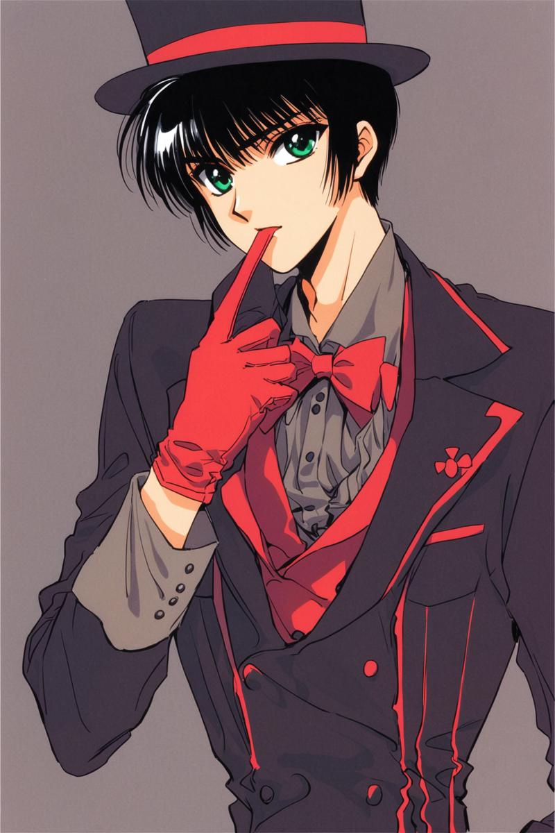 31092-2253068695-Subaru Sumeragi,solo,green eyes,gloves,black hair,hat,glove biting,male focus,1boy,biting,mouth hold,red gloves,bowtie,bow,looki.png